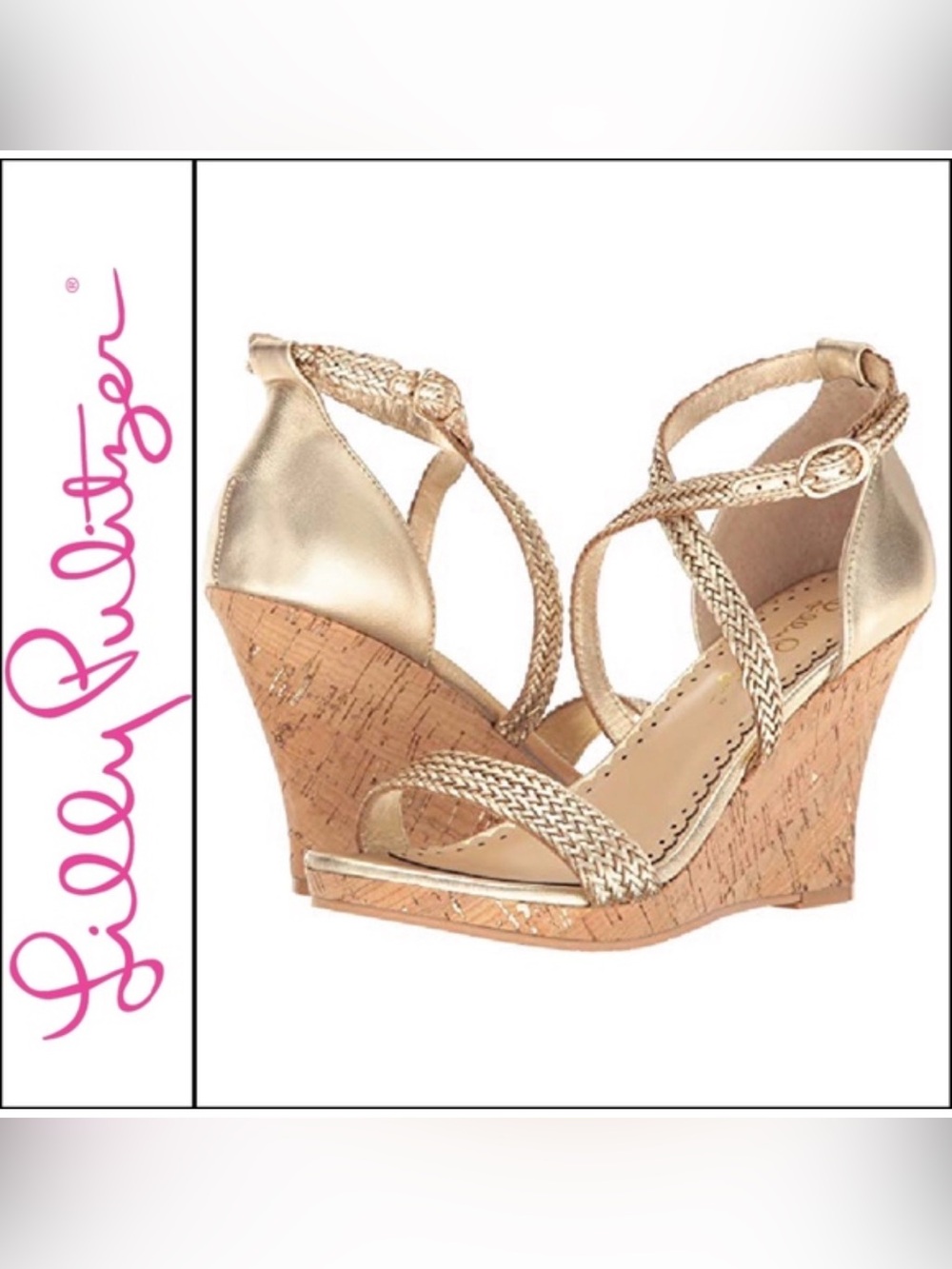 Lilly Pulitzer “Maddie” Gold Braided Cork Wedge Sandals New size 6